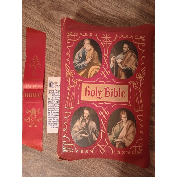 The Holy Bible Illustrated 1955 Catholic Red Christmas Gift w/Bookmark READ PLZ - Picture 2 of 16